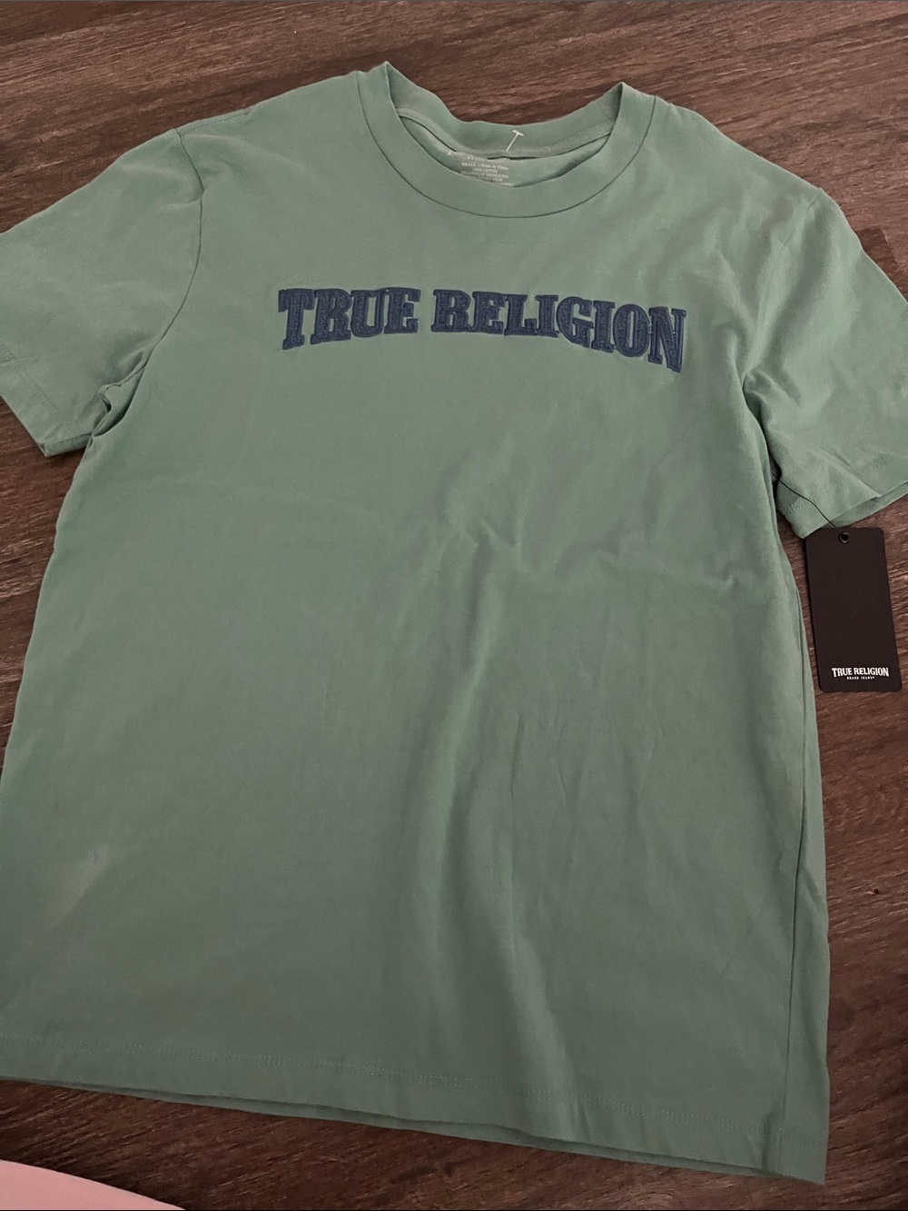 True Religion Sage Green Tee with Navy Logo